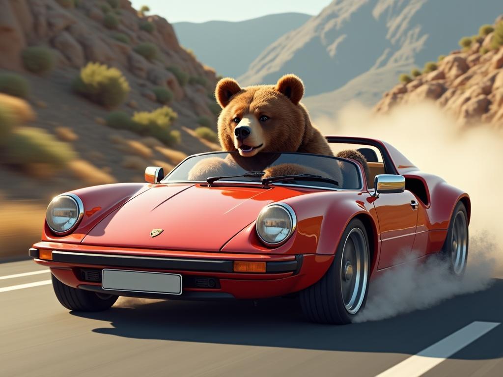 An illustration depicts a bear driving a red Porsche down a scenic road. The bear looks joyful and confident while gripping the steering wheel. Background features trees and a clear sky. The scene is bright and cheerful.