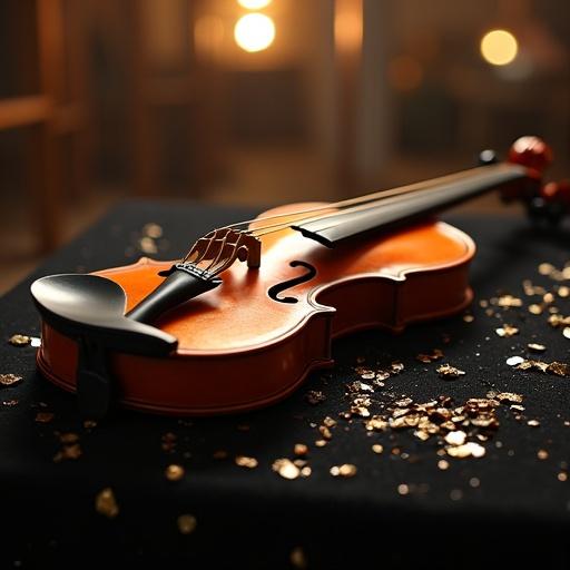 A photorealistic image of a violin laying on a black velvet cloth on a grand piano, surrounded by music sheet fragments, with subtle ambient lighting.