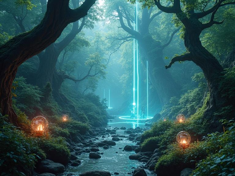Post-human digital sanctuary in a crystalline forest. Biomechanical flora interfaces with glowing data streams. Surreal ambiance created by atmospheric lighting.