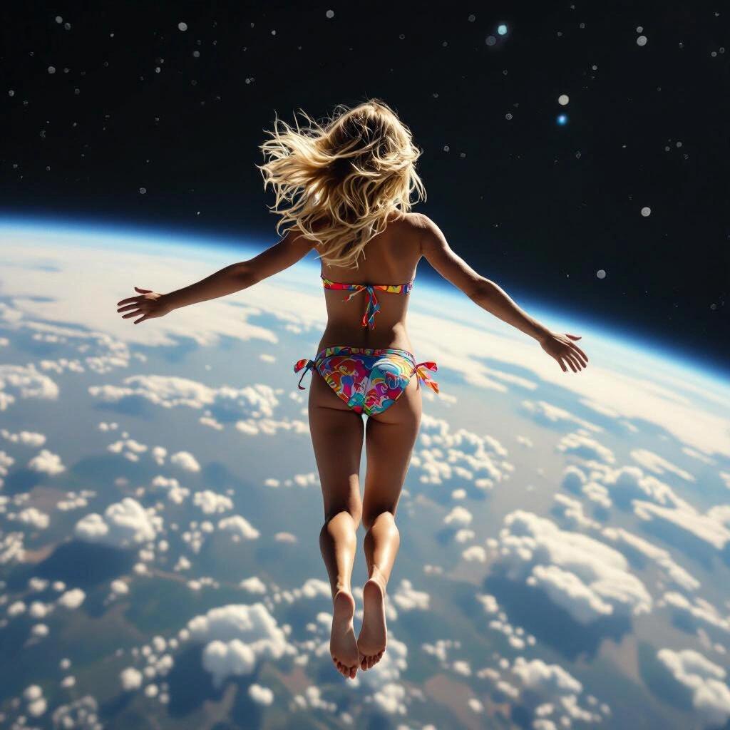 Blonde girl viewed from behind flying through the atmosphere's exosphere. Full-body view with arms and legs extended. Wearing colorful bikini. Earth’s curvature visible in background. Outer space visible above.