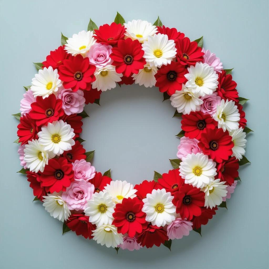 This image showcases a circular flower wreath composed of various colors of flowers. The wreath includes white, pink, and red blooms, each appearing full and delicate. The background is soft gray, contrasting with the vibrant colors of the flowers, making them stand out. The overall atmosphere is warm and romantic, suitable for celebrations or decorative scenes.