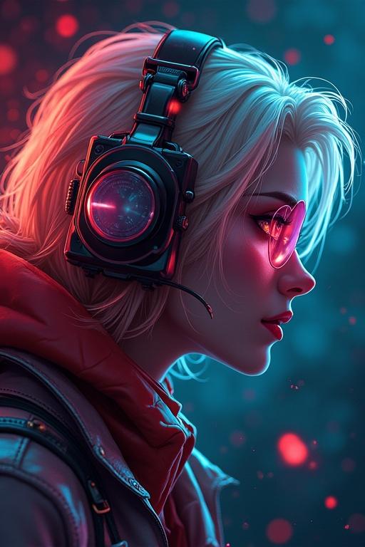 A digital artwork features a side profile of a person with headphones. The character displays a futuristic style. Neon colors highlight the hair and clothing. The background is blurry and atmospheric.