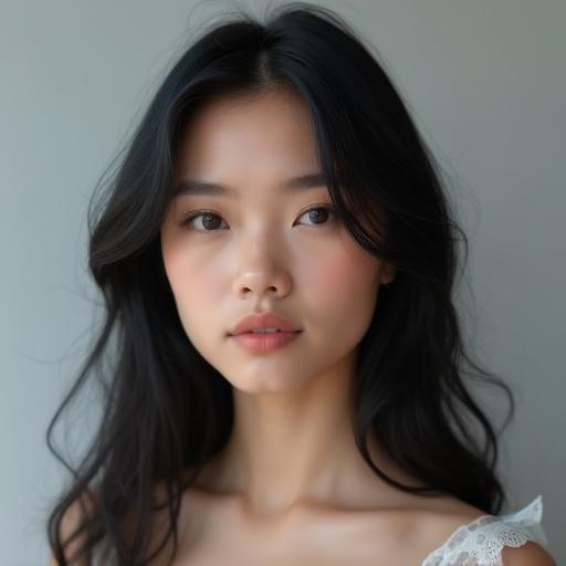 A 25-year-old woman with wavy black hair has a calm expression. Hair has a subtle blue gradient. She has soft, delicate features and bright eyes. Skin glows softly in natural light. Background is light gray and neutral. The model is elegantly posed, showcasing her outfit.