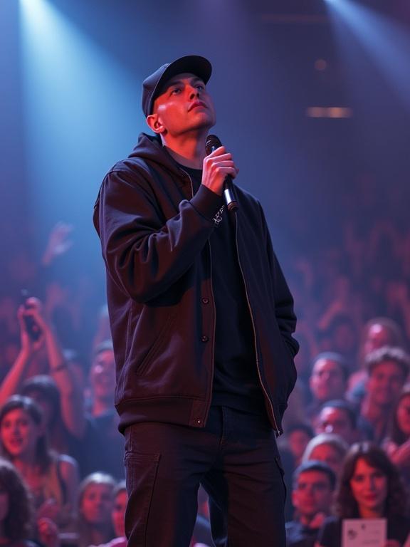 Detailed image of a male rapper performing on stage. The scene is animated in a Pixar style. The ambiance is vibrant with dynamic stage lighting and a cheering crowd. Performer is wearing dark casual clothing and holding a microphone. Focus is on the performer in the spotlight while an engaged audience can be seen in the background.