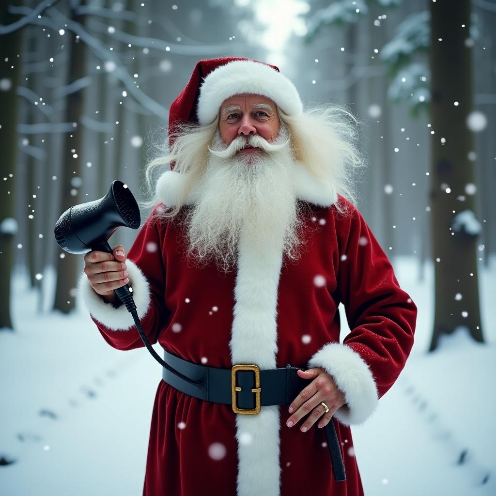 Santa Claus in a stunning snow-covered forest. He holds a hair dryer for grooming. The scene is filled with snowflakes falling gently.