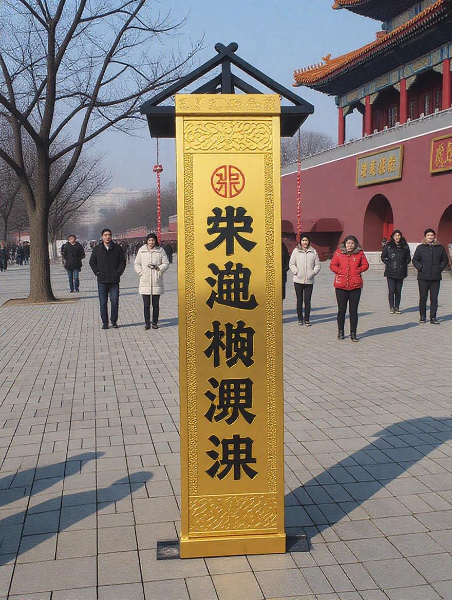 Golden sign with Chinese characters at Tiananmen Square. People are standing nearby. Blue sky in the background.