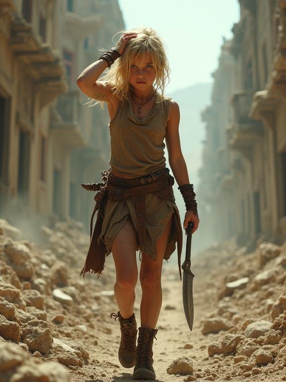 A blonde girl walks through a ruined city. She is sweaty and dirty. Her hair is tangled. She has piercing eyes and is wearing lightweight clothing. A blade is at her hip. The air is dusty. Crumbling buildings surround her. Her boots crunch on broken glass. She is ready for anything coming her way.