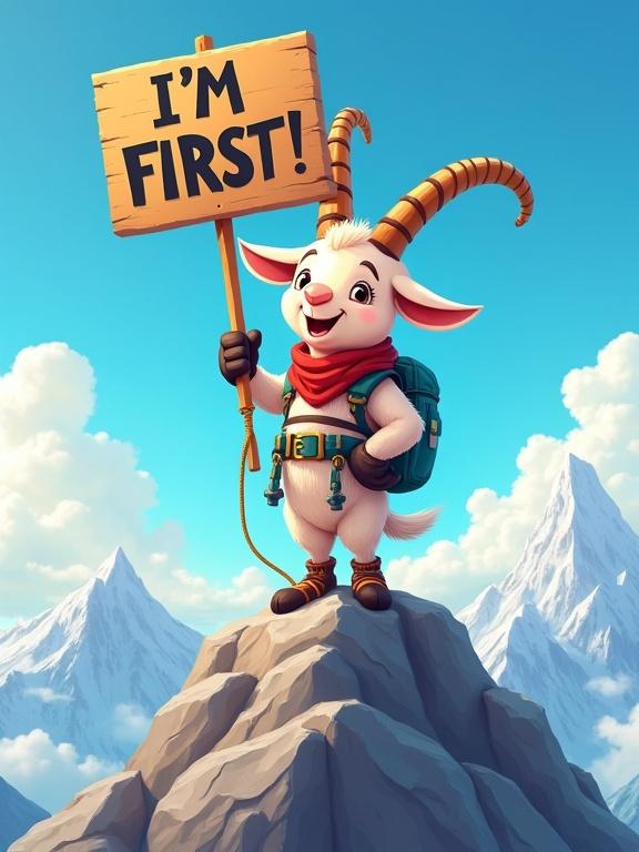 cheerful anthropomorphic goat stands triumphantly on high rocky mountain peak, wearing colorful climbing gear and harness, holding sign that says I'M FIRST! in bold letters, joyful expression, cartoon style with rich detail, bright clear sky, epic funny atmosphere, dynamic pose, full body