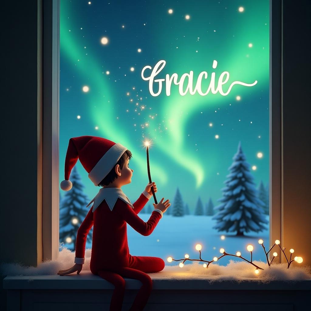 The scene showcases an enchanting Christmas moment. An elf on the shelf sits by a window, creating a sense of holiday magic. The elf is using a wand to write the name 'Gracie' in the night sky. In the background, northern lights dance above a snowy landscape filled with Christmas trees. Soft lights twinkle around the window, adding to the festive atmosphere. The entire scene radiates warmth and joy, embodying the spirit of Christmas celebratory moments.