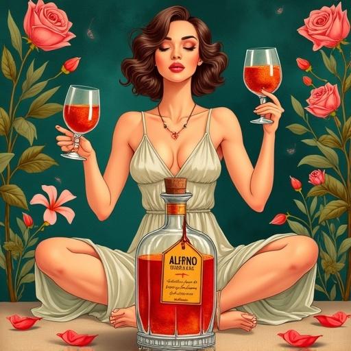 Stylized advertisement featuring a goddess enjoying meditation. Surrounded by jazz musicians. Wearing a silk dress. Toasting with glasses of herbal liqueur. Atmosphere of relaxation with rose petals and greenery. Foreground with apothecary-style bottle labeled 'ALFRUNO'. Scene has earthy tones in whimsical, dreamy style.