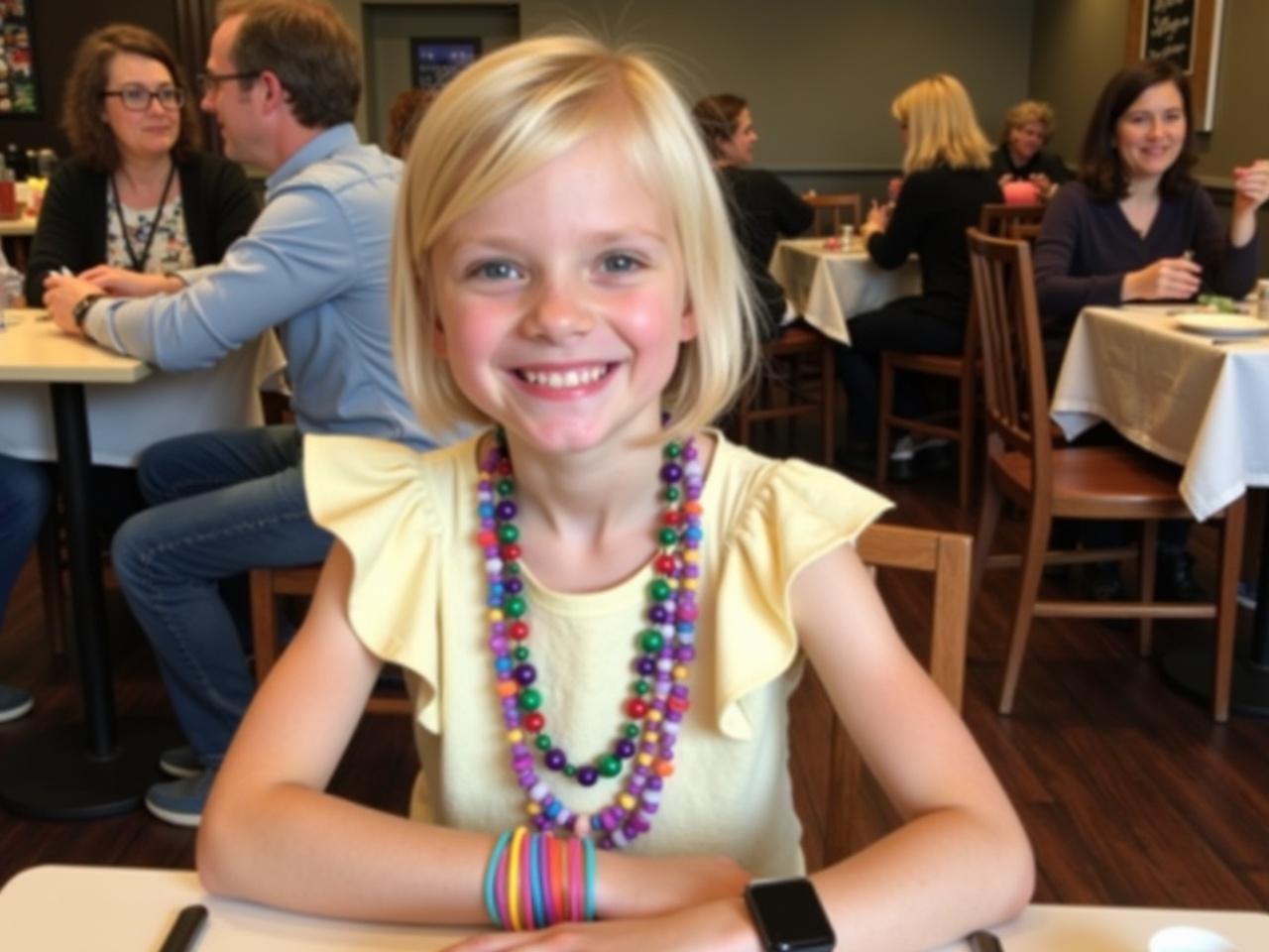 A young girl is standing at a dining table in a restaurant. She has short blonde hair and is smiling happily at the camera. Her outfit features a cream-colored top with ruffled sleeves. The girl is wearing colorful beaded necklaces and bracelets, adding a playful touch to her look. On her wrist, she has a smartwatch. In the background, there are other diners and some decor typical of a casual dining setting.