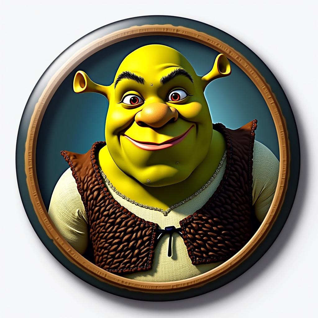 Create a badge design featuring Shrek. The badge has a diameter of 58mm for actual display. There should be a production area of 70mm included in the design. Use CMYK color mode for printing, not RGB. The background should be engaging, possibly incorporating elements from the Lords Mobile game. Ensure that Shrek is prominent, making him the main focus. Accentuate the design with fantasy elements reminiscent of Lords Mobile. The full design must be clearly visible within the specified dimensions.