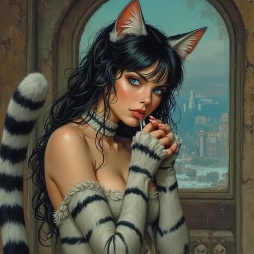 A young woman with feline traits. Grey fur body covered in black stripes. Cat ears atop her head. Blue eyes resemble a cat's gaze. Fangs and claws on fingers. Legs end in cat paws. Grey tail with stripes emerges from back. Setting features a diesepunk style house. City background visible through a window.