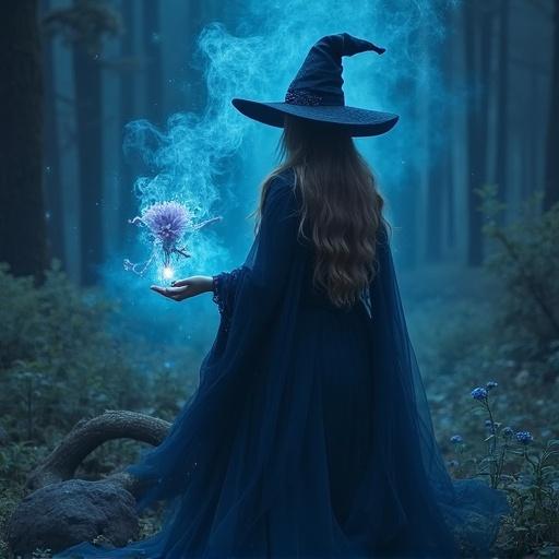 A magical scene featuring a wizard in a dark blue costume casting spells in a forest. The atmosphere is mystical with elements of magic like luminous particles and flowers appearing from her hands.