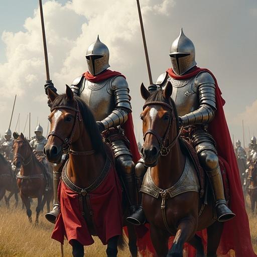 European medieval knights in full plate armor riding armored warhorses. Knights wielding lances in an open field under a cloudy sky. Displaying strength and bravery in their attire. Historical setting emphasizing knightly valor.
