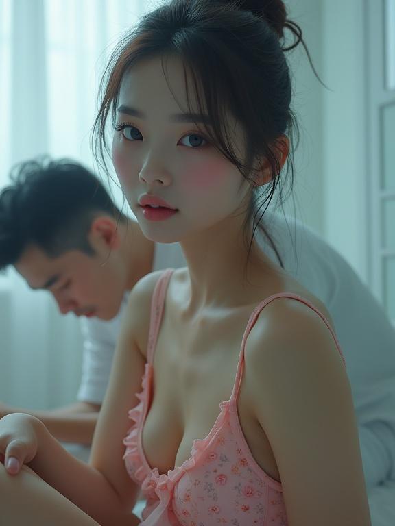 A young adult Korean woman kneeling, wearing a wired pink foam bra with a delicate flower pattern and a cream A-line skirt. A man is sitting in the background. The room has soft white curtains and perfect studio lighting creating a surreal atmosphere.