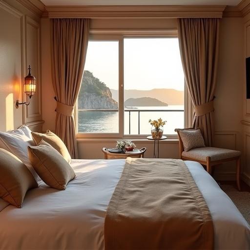 Elegant cabin on a riverboat with views of the Rhine River. Light wood walls with beige leather and marble details. Warm light. A large window shows the sunset landscape. A small table holds fresh flowers, VOSS mineral water, and a welcome set.