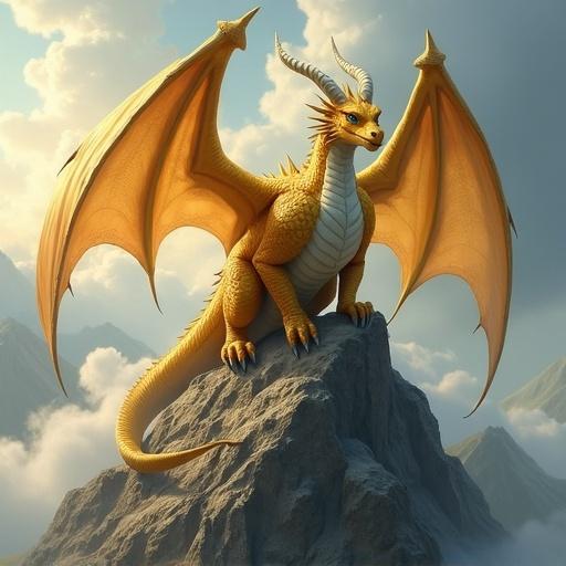 Draw a colossal chubby golden dragon with gold scales that catch light with a muted glow. Pair with a soft cream-colored underbelly textured like supple leather. It has ivory-white horns curving backward. The dragon gazes at the viewer with a subtle smirk, deep blue eyes sharp and alive. Perched atop a jagged mountain peak at dawn with swirling mist and faint sunlight. The scene is in a detailed fantasy art style, prioritizing organic textures.