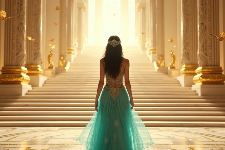 A tall Arabian princess stands at the base of a grand staircase in a glowing temple. She wears a turquoise gown with gold embroidery. Golden butterflies flutter around. The temple features elegant pillars and intricate flooring. Soft divine light enhances the magical atmosphere.