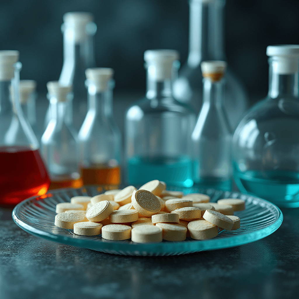 A plate of yellow tablets is surrounded by glass bottles filled with colored liquids.