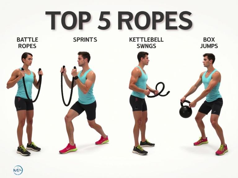 Visual representation of top five HIIT exercises. Featured exercises are battle ropes sprints kettlebell swings and box jumps. Each exercise is demonstrated by a person in fitness attire. Focus on showcasing proper exercise form and technique.