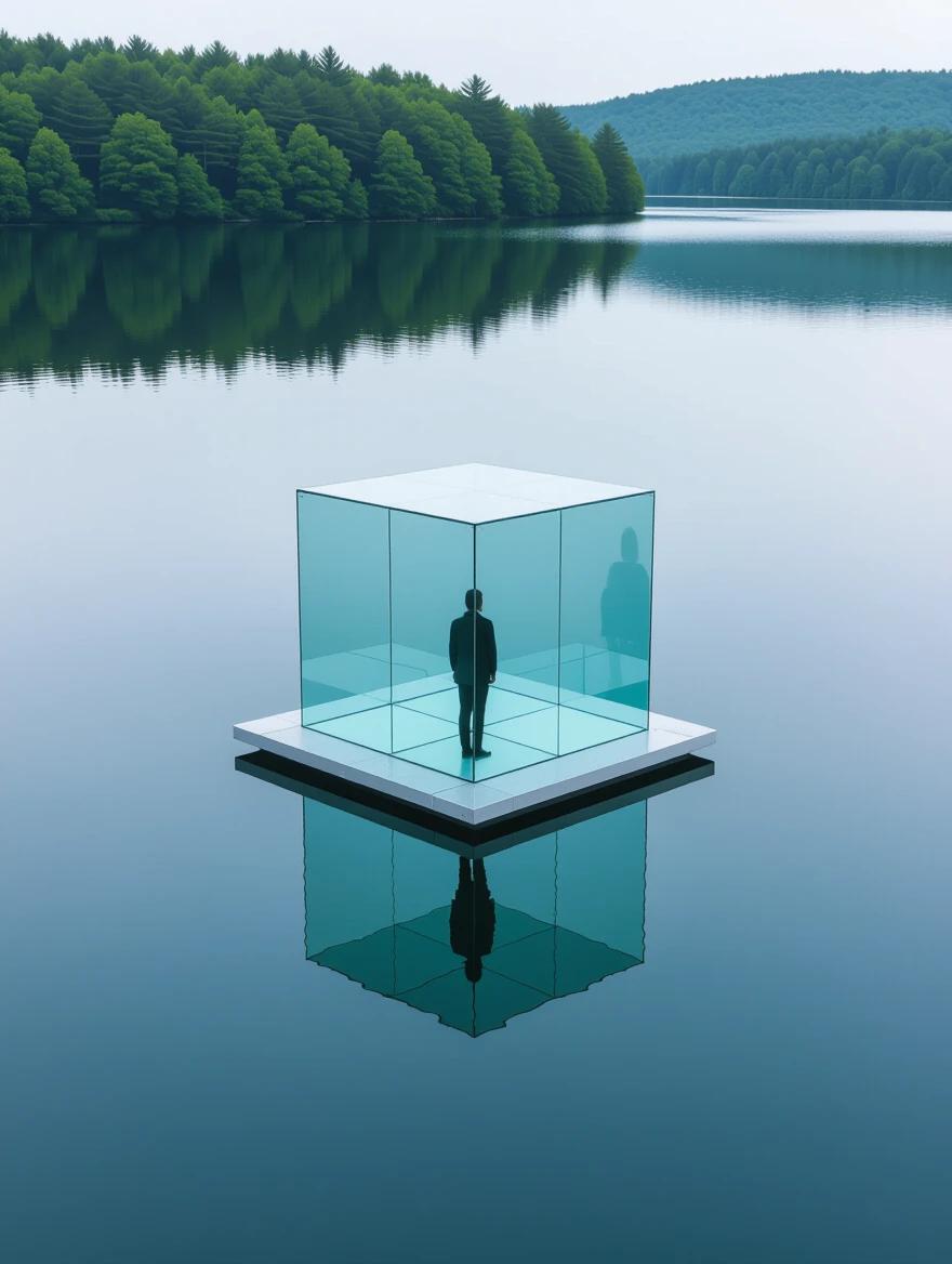 A person stands inside a clear glass cube on a platform in a lake. The scene is captured from above. The cube reflects the sky. The lake is calm with a smooth surface. Trees line the distant shore. Minimalist and monochromatic style with natural light.