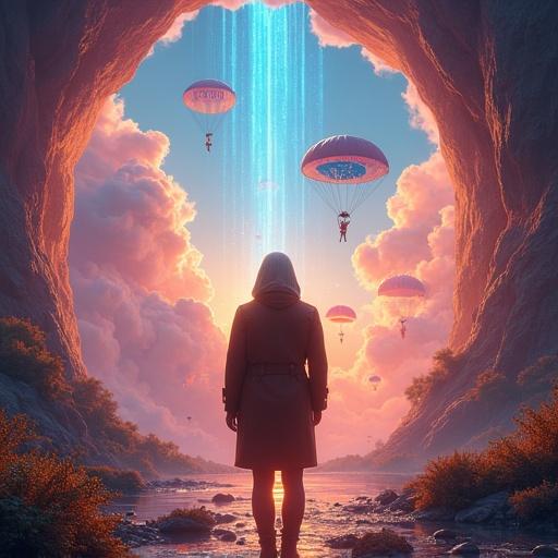 A breathtaking fantasy scene shows a person in a brown leather coat standing at the threshold. Back view of the person reveals glowing orange arms. The scene is an ethereal dreamscape with a vibrant color split. Warm pink clouds meet cosmic blue energy. Floating islands and cascading light waterfalls create an otherworldly feel. Lush foliage frames the scene. Volumetric rays of light add a mystical atmosphere. High fantasy art with hyper-detailed textures and dramatic lighting. Digital painting illustrating a cosmic doorway. A large number of supply boxes parachuted down from the sky with the word 'LOUD' written on them.