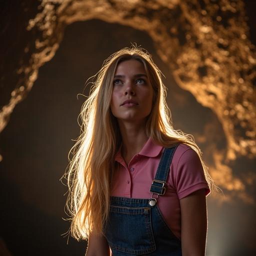 Photograph of a young woman with long hair in denim overalls and pink shirt amazed by cave ceiling in Waitomo Cave illuminated by lights.