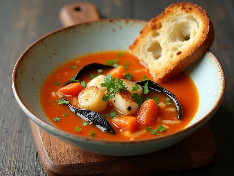 Mixed sea fish soup served in a bowl with a fried bread slice on the side. Colorful vegetables and herbs are included for garnish. The dish is presented on a wooden surface with soft lighting.