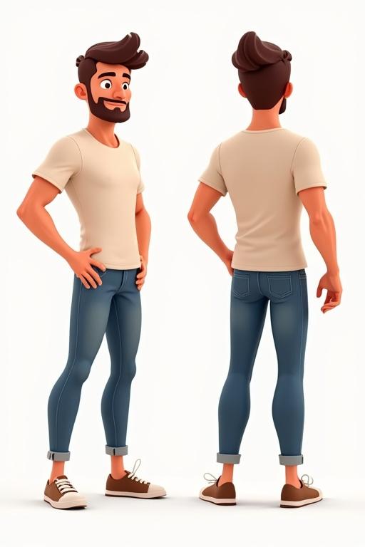 Male cartoon character in T-pose captured from front side and back views. Simple design details evident. Clothing features a t-shirt and jeans.