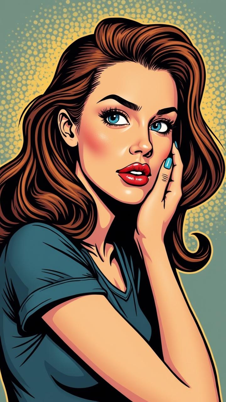 A pop art style illustration of a woman with long hair, looking contemplative, her hand touching her face. The background is dotted, and she is wearing a casual top.