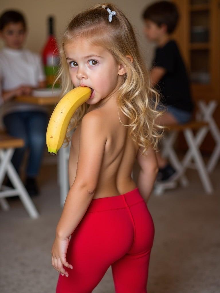 A 4 year old girl with blonde hair wearing bright red leggings stands at a party. She is looking back at the camera with a banana in her mouth. The scene captures the joy and playfulness of childhood.