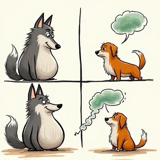 Funny comic featuring a grey wolf and a tan dog sneaking into a fancy party. The wolf has a bloated tummy in the second panel. The wolf farts in the third panel, creating a green fart cloud shaped like a speech bubble. The dog looks appalled in the final panel. Witty dialogue throughout the comic.
