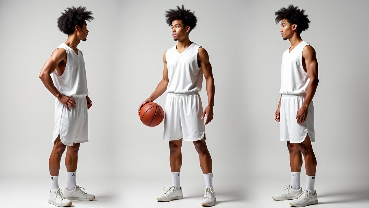 Simulated image of a basketball player in a white uniform, captured in three different poses against a plain background.