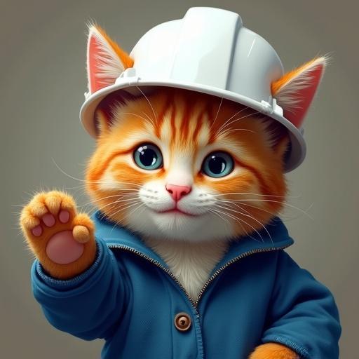 A semi-realistic cat waving one paw toward viewer with a friendly smile. Cat wearing a white hard hat and blue work jacket.