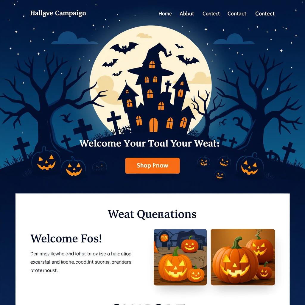 Hero section of a Halloween campaign template featuring a spooky haunted house dark night with glowing pumpkins bats in the sky graveyard theme header with call to action for shopping.