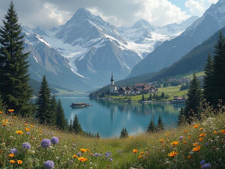 3D mixed media art showcasing a small town nestled in the Swiss Alps. Includes vibrant wildflowers and snow capped mountains surrounding a serene lake. Evokes a sense of tranquility and natural beauty.