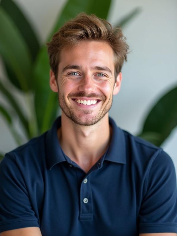 Photograph features young man smiling. He has short light brown hair and blue eyes. He has light stubble and wears a navy blue polo shirt. Background is blurred with green plants and a white wall. Natural lighting highlights his expression.