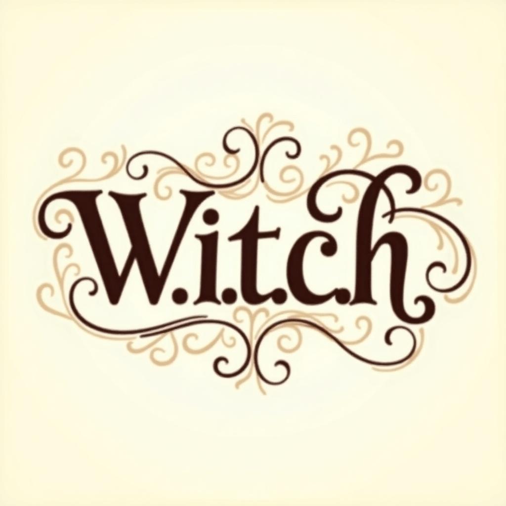 Image showcases the word 'W.I.T.C.H' in an artistic font. It has intricate swirls and flourishes. Color palette includes soft beige and dark brown. Design reflects creativity and artistry. Overall look is elegant and visually appealing.