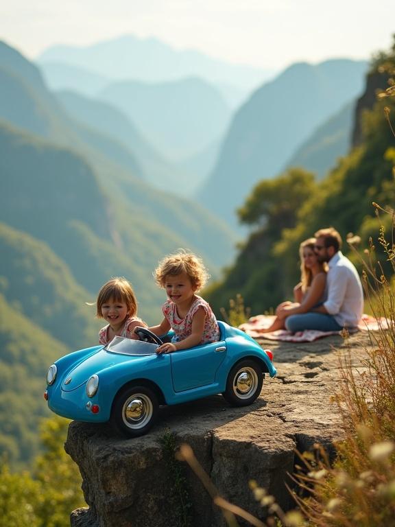Scene includes joyful toddlers in a blue sports car at cliff edge. Background features serene couple on picnic blanket with stunning view. Atmosphere radiates warmth and adventure. Soft golden light enhances the scene. Wildflowers near cliff and gentle breeze ruffles hair.