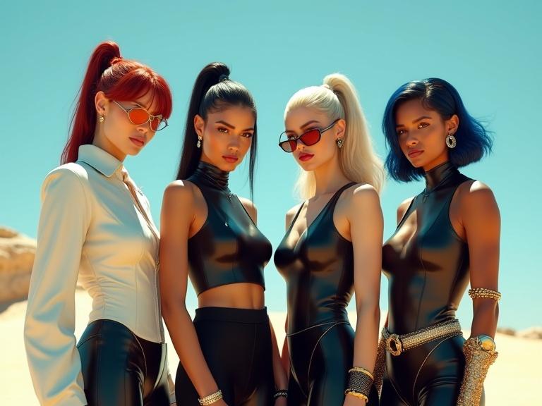 Realistic live-action cinematic image of four female models posing in stylish outfits. Close-up shot. Each woman has a distinct look and style. Details include sleek fabrics and modern accessories. Warm desert background with blue sky and bright sunlight.
