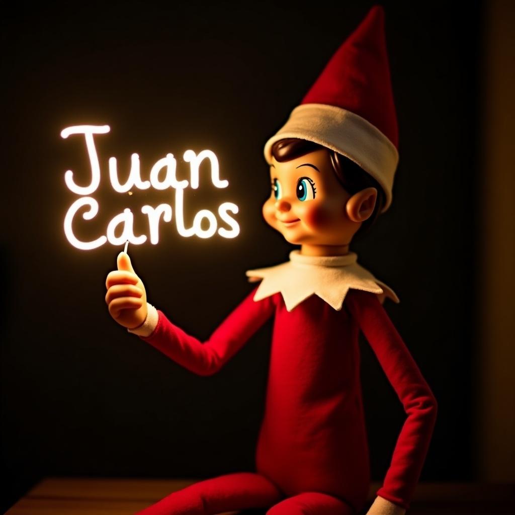 Image features an elf on the shelf character in red attire. The elf is holding a glow stick that spells 'Juan Carlos' in light. The background is dark, enhancing the glow. Creates a warm festive atmosphere. Evokes feelings of holiday magic and cheer.