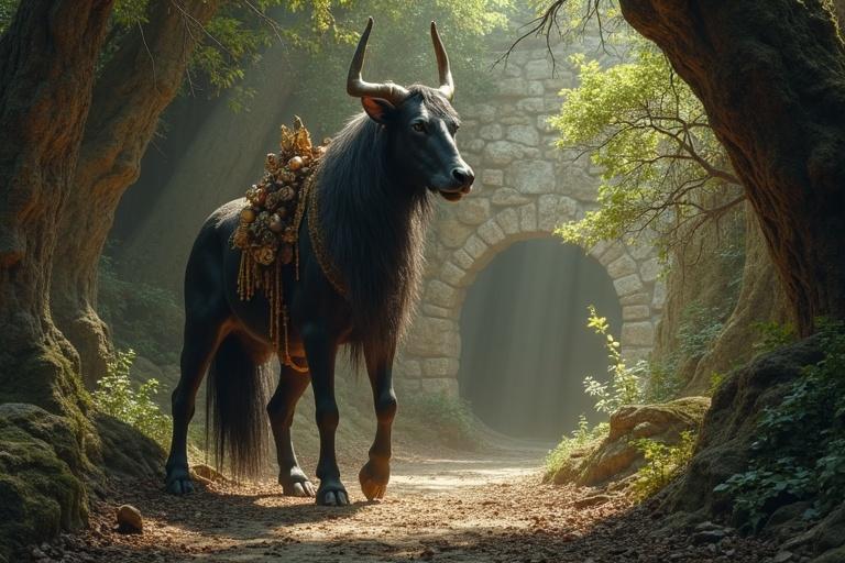 A robust and venerable boar stands at the entrance of ancient roots. Its tusks resemble old tree roots, skin covered in moss and dirt. Runes glow on its back, emanating earthy light. Surroundings vibrate with energy. Small creatures move around it, showing reverence. The air is thick with the scent of damp earth and ancient magic.