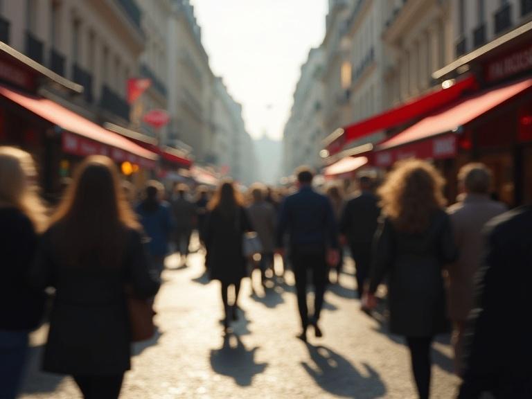 A bustling Paris street captured with a natural blur and soft grain similar to Renoir. Figures moving through a vibrant urban scene. Light reflections and characteristic city elements.