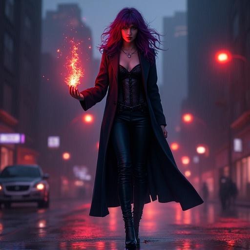 Dark purple-red haired woman in a long black coat stands in a moody city landscape. She wears knee high high-heeled boots, dark pants, and a leather corset. She holds a signal flare in her left hand. Light rain falls in the scene with reddish lights in the background.