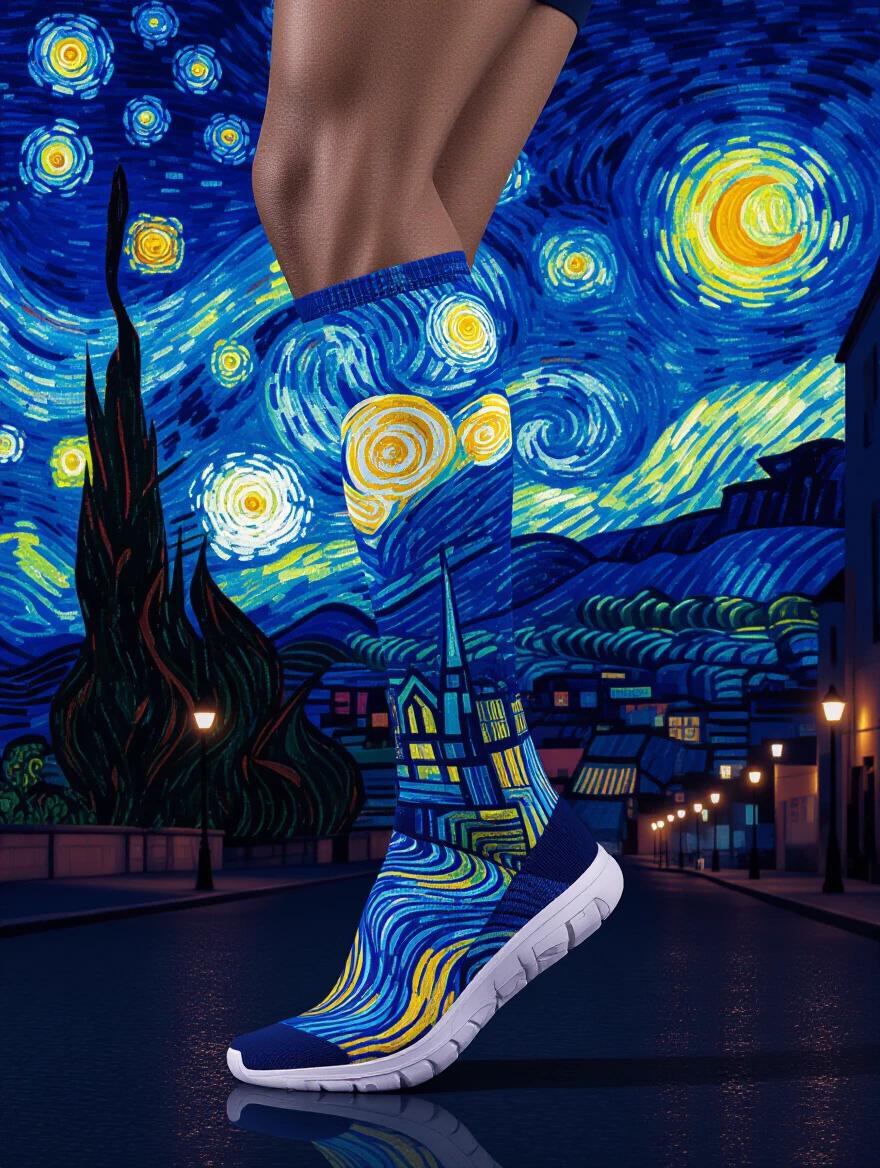 Lifestyle photo of compression running socks featuring Van Gogh's 'Starry Night'. The iconic swirling sky wraps around the calf. Deep blues and vibrant yellows dominate. Famous cypress tree stretches along the shin. Village nestled around the ankle area. Brushstroke patterns recreated with advanced textile printing. Moisture-wicking technical fabric maintains artistic integrity. Compression zones enhance performance. Runner jogs through a moonlit city street. Streetlights create shadows and highlight sock details. Professional sports photography emphasizes performance and beauty. Fusion of fine art and athletic function creates wearable gallery pieces.
