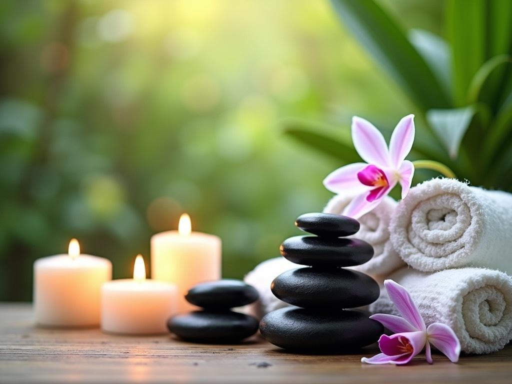 This image captures a serene spa setting that promotes relaxation and tranquility. There are neatly rolled white towels placed beside softly glowing candles. A stack of smooth black stones is arranged in a balanced formation, symbolizing harmony and peace. An elegant orchid plant, with delicate white and pink flowers, adds a touch of natural beauty to the scene. The background is softly blurred, filled with lush greenery, enhancing the sense of being in a peaceful nature retreat.