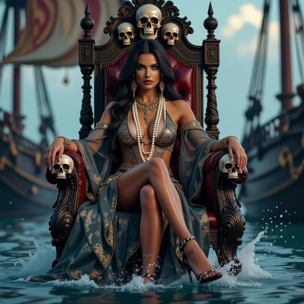 A regal figure sits on an ornate throne with skulls. Dark elegance and power are present. Maritime elements like sails and flags are in the background. Water splashes around her legs. She wears a transparent garment with pearls and gold. Her gaze is strong and seductive. The color palette shows muted shades with gold highlights. A narrative of authority and beauty is depicted, set in a mysterious ambiance.