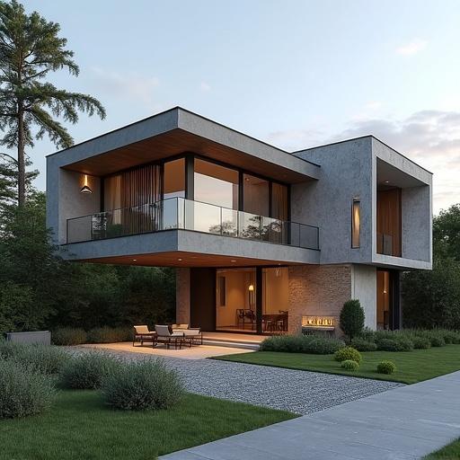 Modern house with unique architectural design surrounded by green landscape. Outdoor seating area adds to the aesthetic appeal. Soft natural light illuminates the structure.