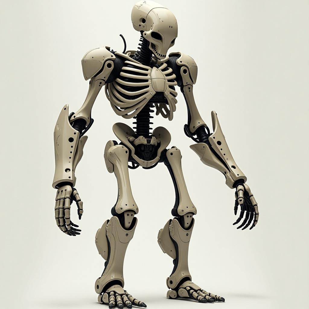 This image features a humanoid robotic exoskeleton designed with intricate details. It showcases a blend of mechanical and anatomical features, resembling a skeletal structure. The exoskeleton's limbs and joints are articulated, allowing for dynamic movement. Soft lighting enhances the exoskeleton's design, creating a visually appealing effect. The overall color scheme is a combination of beige, black, and silver, contributing to its futuristic look.